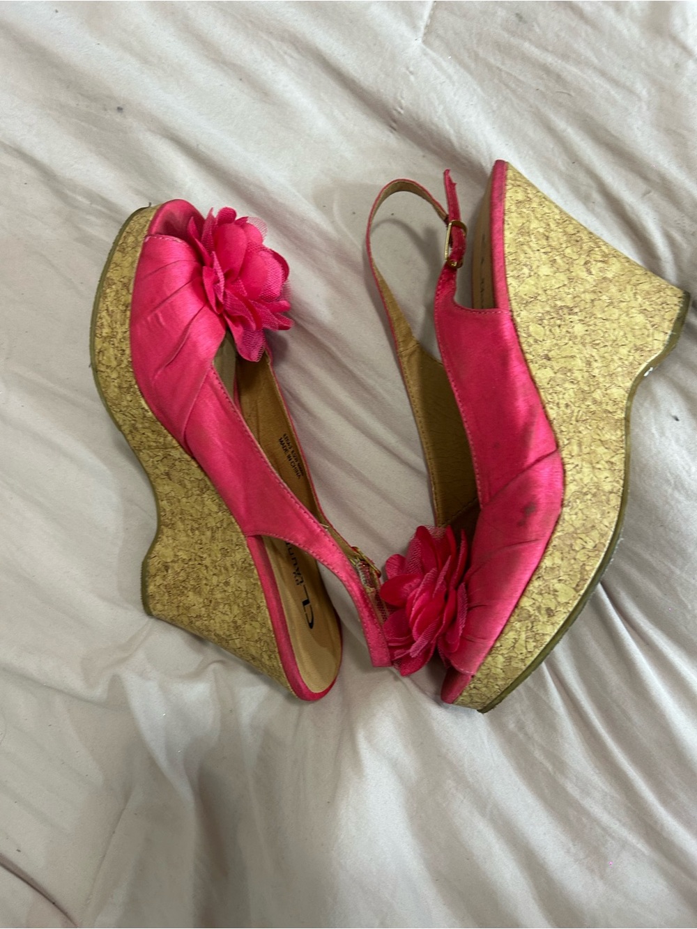 Laundry By Shelli Segal Hot Pink Floral Slingback Wedges with Gold Cork Platform